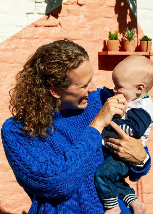 Milk Away Nursing sweater in royal blue knit organic cotton for pregnancy and breastfeeding a baby or toddler